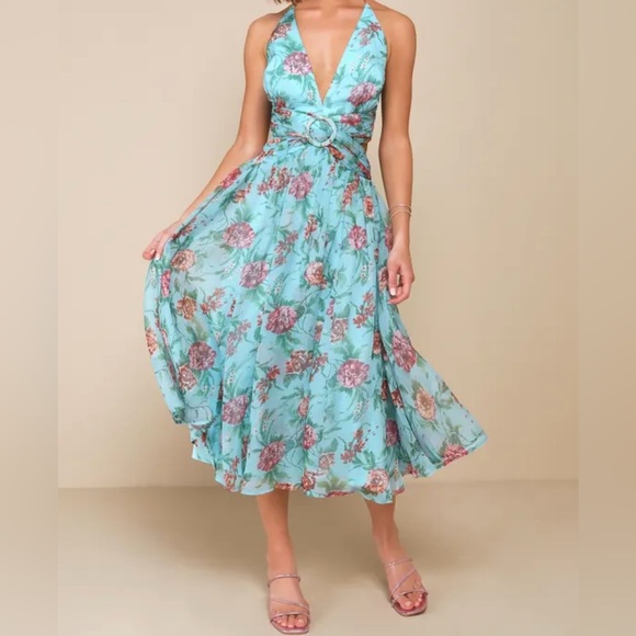 Lulus Dresses & Skirts - Lulus XL Blue Floral Halter Midi Dress NWT Romantic O-Ring Open Back Chiffon NWT